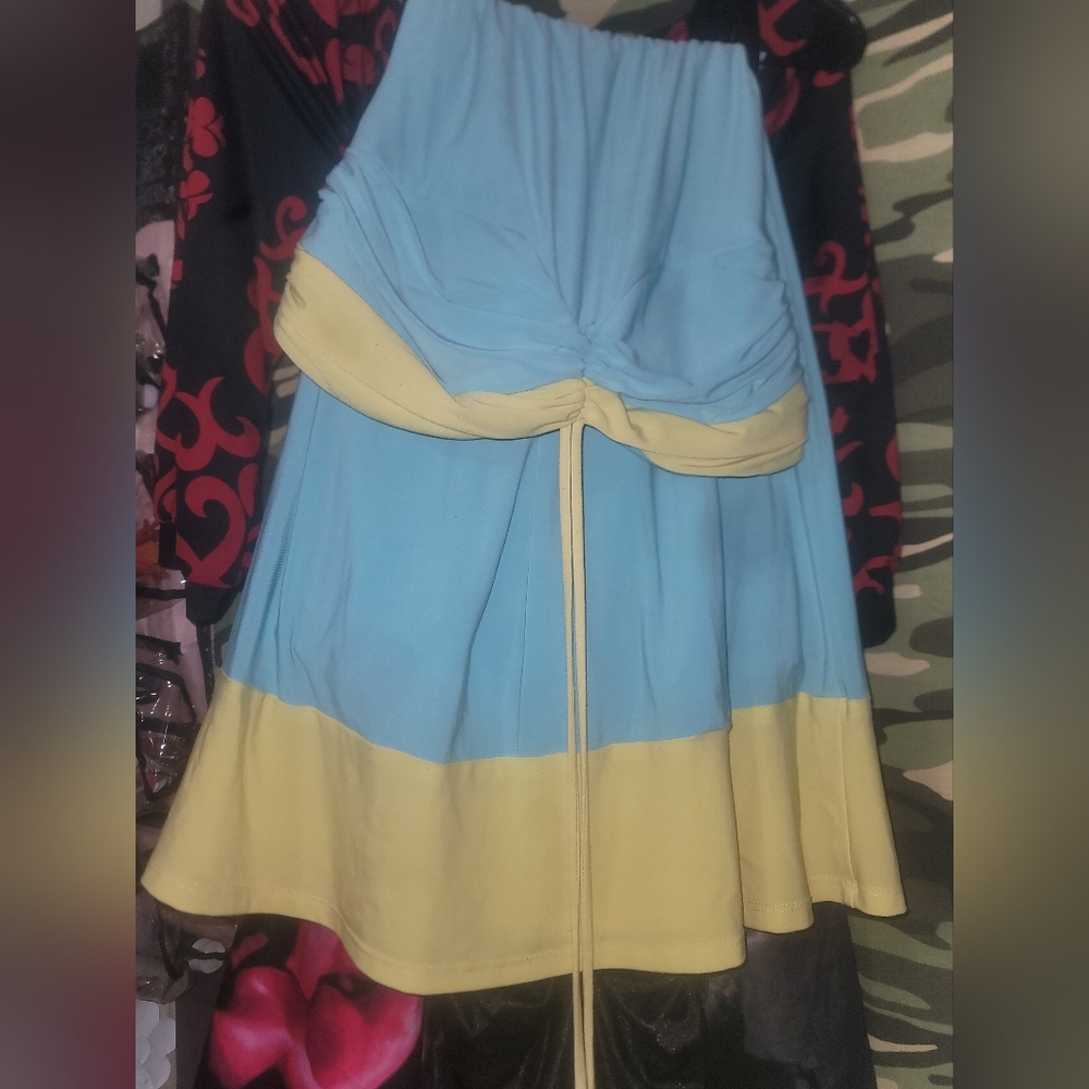B Darlin Fit and Flare Midi Dress in Yellow and Blue